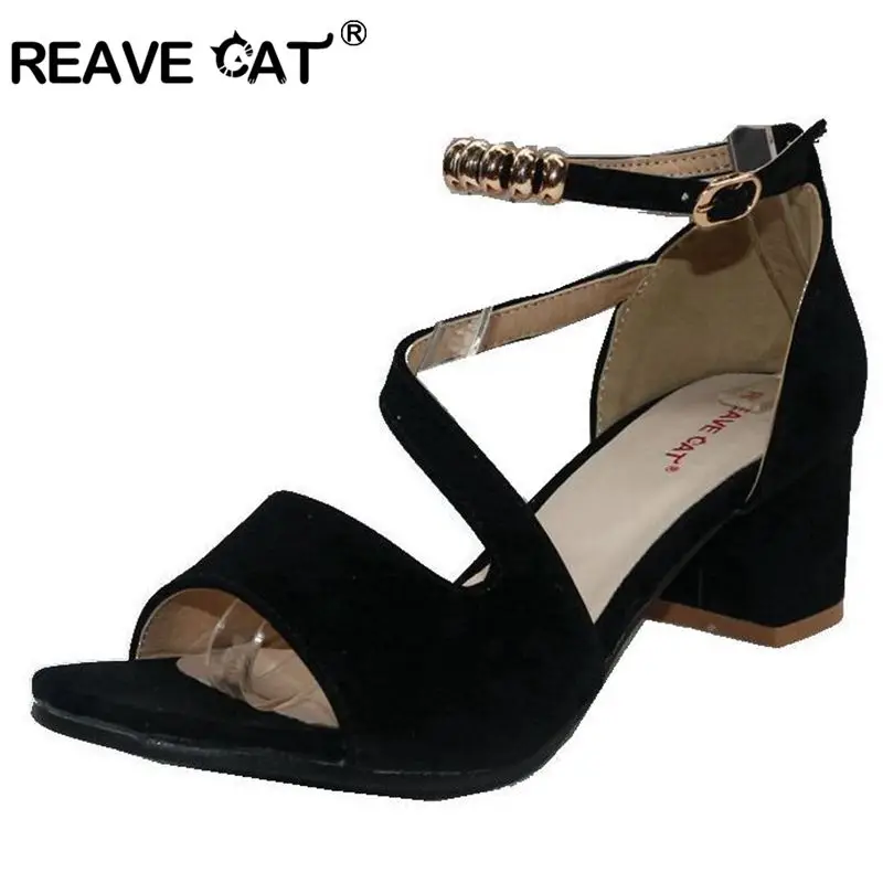 Женские босоножки из флока REAVE CAT летние туфли с пряжкой и бусинами черные красные