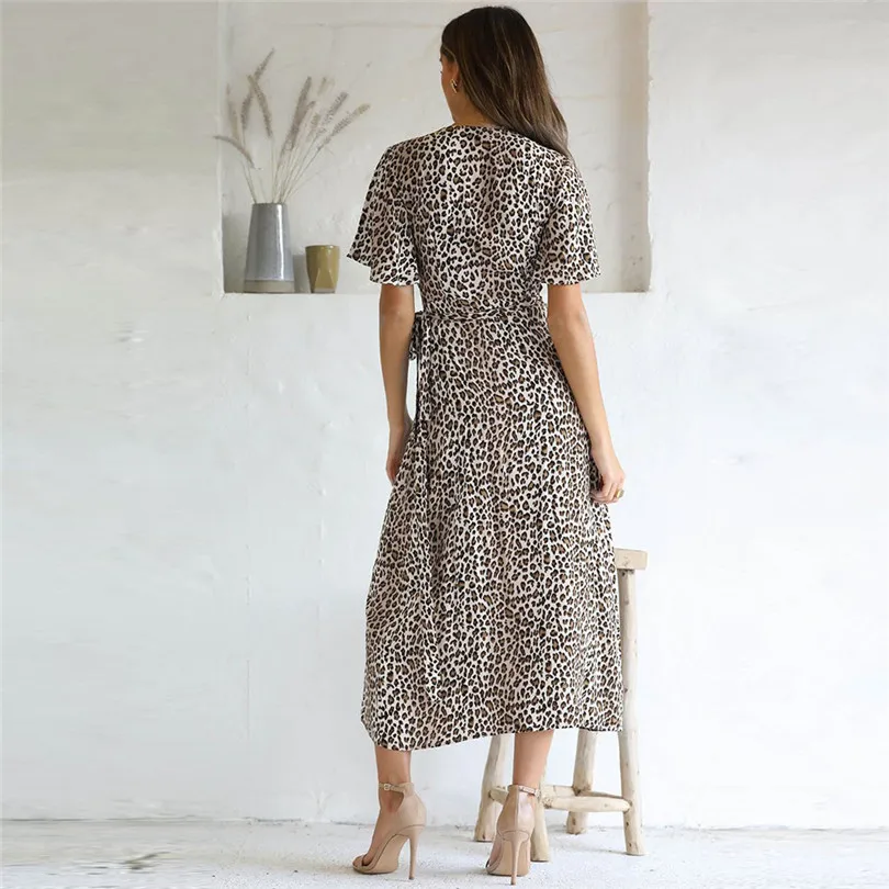 New Women Leopard Bohemian Long Dress 2019 Summer Sexy Deep V-neck Short Sleeve Long Maxi Party Beach Dress #E10 (27)