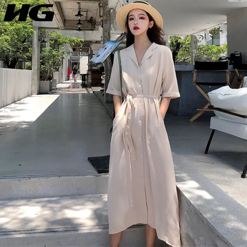 

[HG] Women 2019 Summer New Korea Fashion Notched Collar Half Sleeve Loose Dress Female Solid Color Sashes Mid-calf Dress ZQ1739