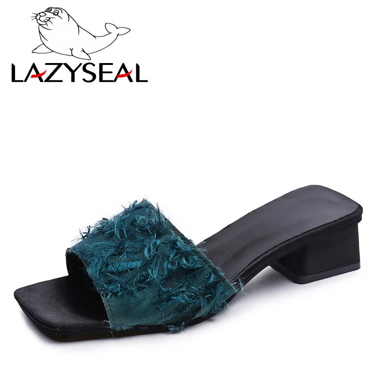 LazySeal; женские шлепанцы на высоком каблуке со стразами; летние женские Босоножки на каблуке с открытым носком; женская обувь с металлической пряжкой - Цвет: Green-1