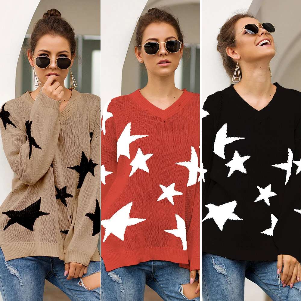 Хлопковый женский свитер, модный осенний свободный принт со звездой, v-образный вырез, женские свитера, женская верхняя одежда, Повседневный свитер со звездой