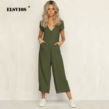 

ELSVIOS 2018 Summer Women Jumpsuit Romper Sexy V Neck Short Sleeve Casual Playsuit Ladies Wide Leg Loose solid color Overalls
