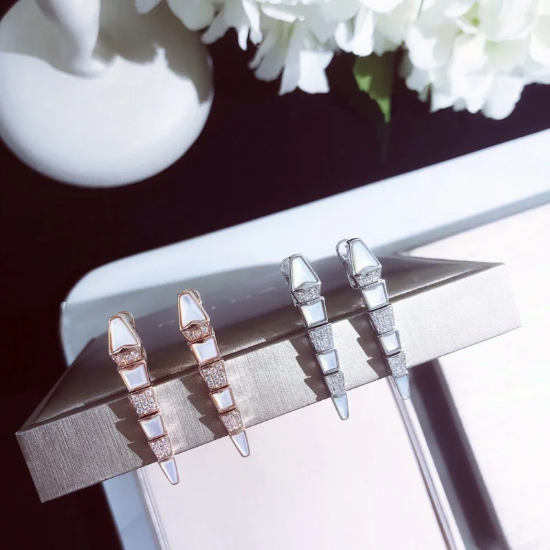 

Brand designer 925 sterling silver 3A cubic zirconia snake earrings long shell mother of pearl design earrings sake
