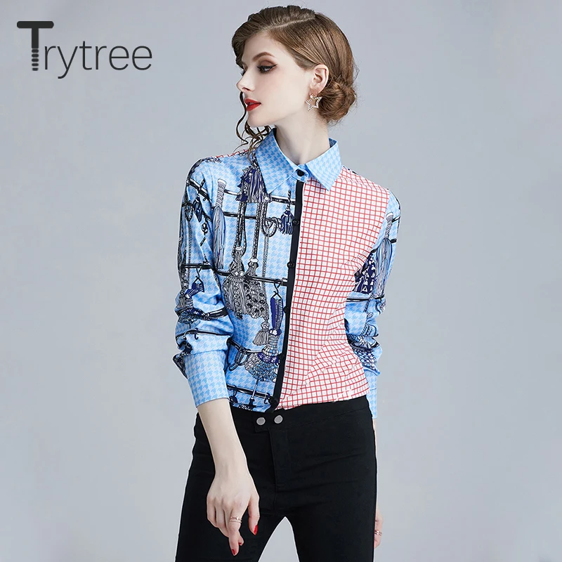 

Ttytree Autumn Asymmetrical Spliced Plaid Blouses Casual shirt Women Turn-down Collar Single-breasted Tops High Street Shirts
