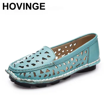 

HOVINGE Handmade Summer Casual Loafers Women Flat Shoes Breathable Hollow Genuine Leather Moccains Women Flats Mother Shoes