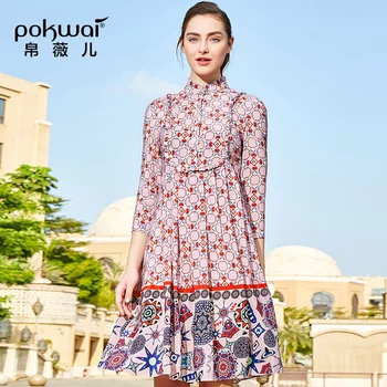 

POKWAI Silk Dress Summer three quarter Sleeve Wooden Ear Stitching Temperament Lady Hit Color Print Pleated Dress