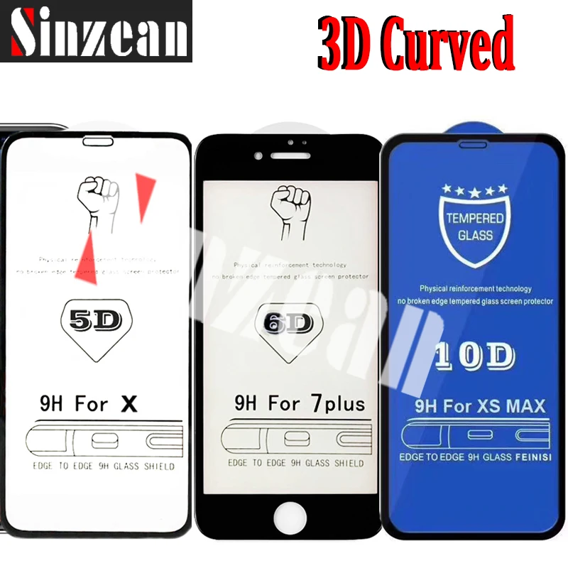 Sinzean 1000 шт для iPhone 11 Pro Max/8 plus/78 78/6S PLUS/7 PLUS/XR/XS 5D/6D/10D Полный протектор из закаленного стекла(3D изогнутый