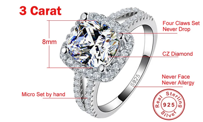 Big Promotion!!! Fine Jewelry 100% Real 925 Sterling Silver Ring 3 Carat CZ Diamant Engagement Wedding Rings For Women JZR066