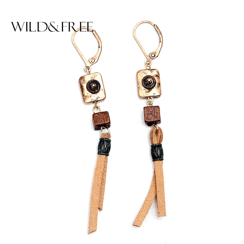 WILD & FREE винтажные коричневые замшевые длинные висячие серьги для женщин из