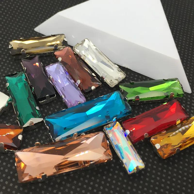 

Link 1:5x10 ~ 10x30 Sew On Long Baguette Crystal Pointback Glass Stone with 4Holes Silver/white K claw Setting for sewing