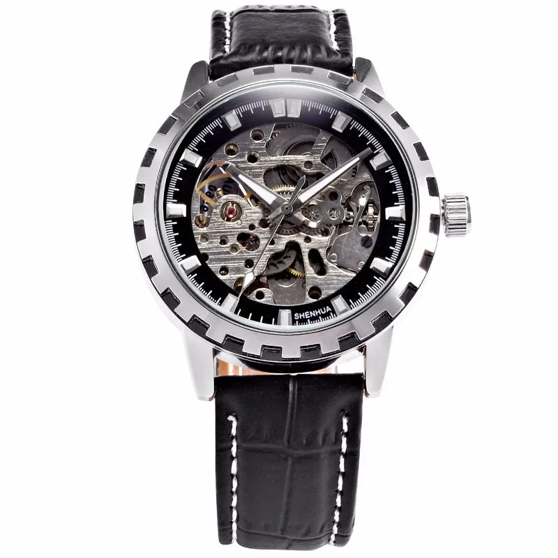 SHENHUA 9560 Для мужчин, с подкладкой, Ретро стиль, с мотор чехол Скелет циферблат кожаный ремешок автоматические механические часы Heren Horloges Montre Homme
