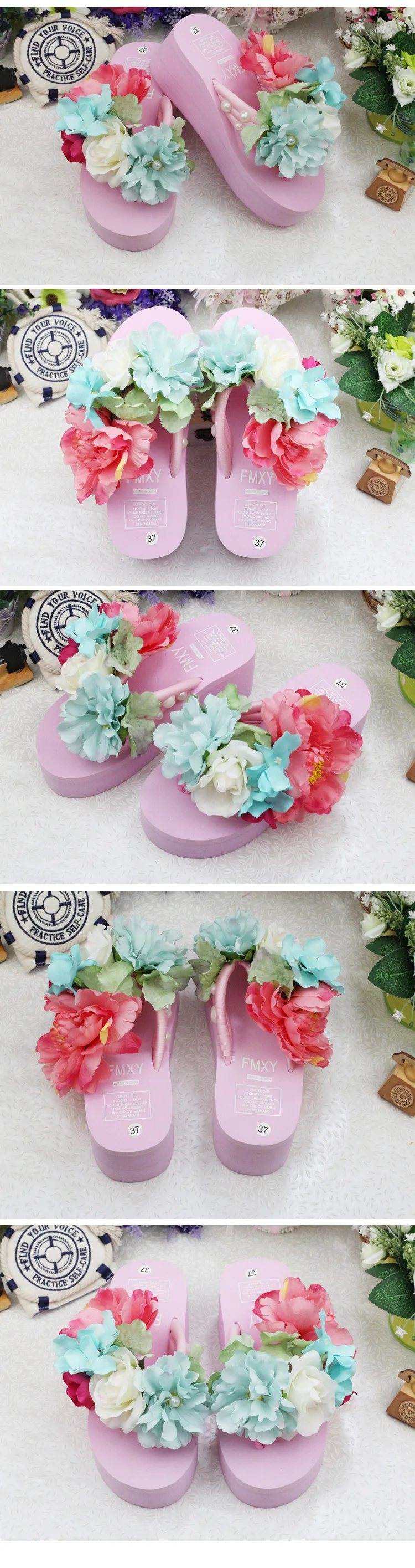2019 New Flowers Beach Handmade Flip Flops Slippers Online Fashion High Heel Sandals Pink Shoes Womens55