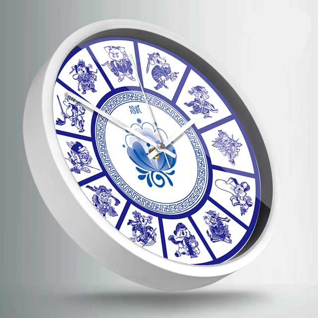 Retro Blue And White Porcelain Wall Clock Creative Zodiac Animal 12 Retro Blue And White Porcelain Wall Clock Creative Zodiac Animal 12 Constellations Watch Decoration Metal