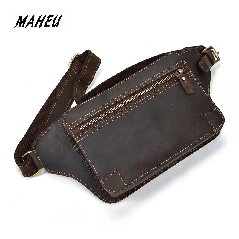 

MAHEU Natrual Cow Skin Waist Bag Outing Stroll Fanny Pack Zipper Belt Bum Waist Bag Brown Genuine Leather Men Women Daily Use