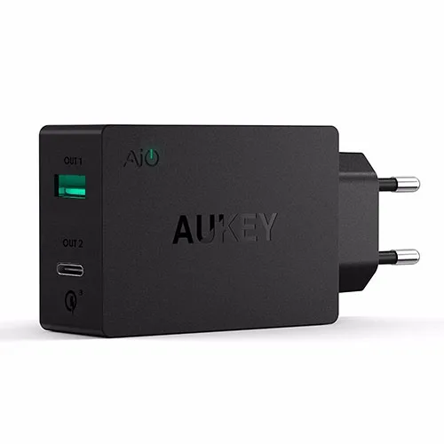 Зарядное устройство AUKEY 2 USB type C Quick Charge 3,0, портативное настенное быстрое зарядное устройство, двойное USB, для путешествий,, быстрый кабель USB C to C, быстрая зарядка - Тип штекера: Европейский Союз (ЕС)