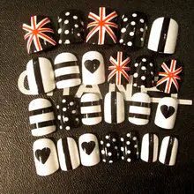 24 шт. акриловые накладные ногти черно-белые в форме сердца, в полоску, в горошек, накладные ногти с британским флагом, DIY маникюрные инструменты для ногтей Z037