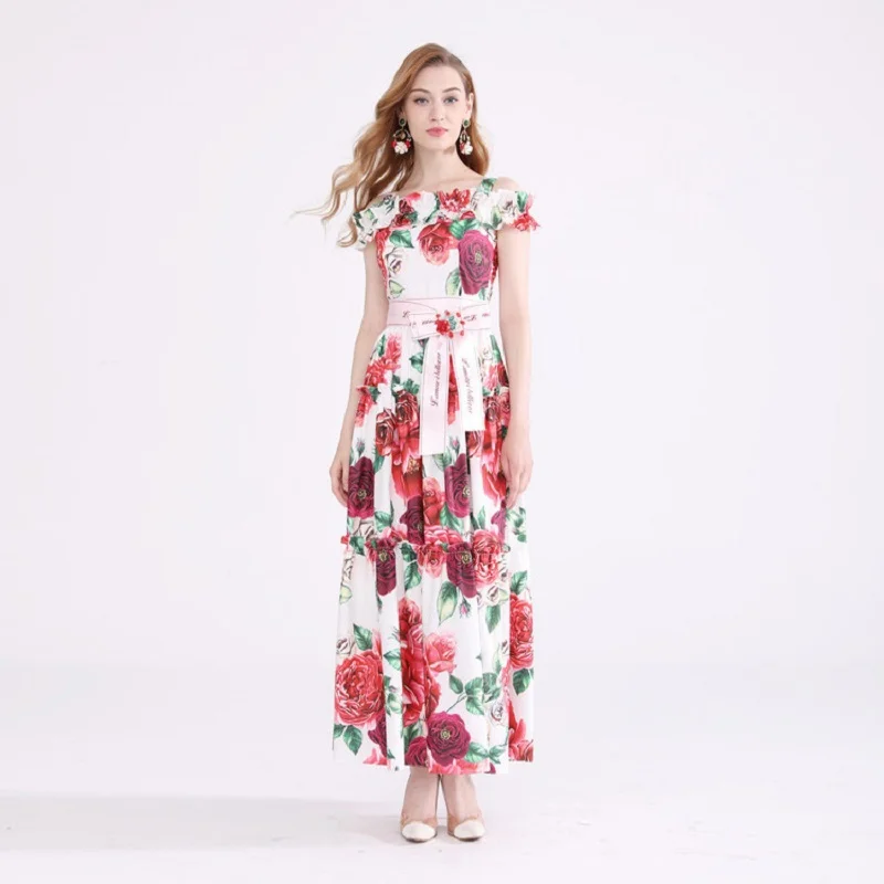 Strap Long Dress for Party Wedding Women Sexy Off Shoulder Romantic Rose Flower Print Floor Length Maxi Dress With Belt 4xl 5xl