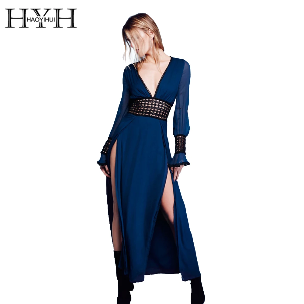 

HYH HAOYIHUI Sexy Plunge Neck Lace Dress Women Elegant Backless Long Sleeve Party Dress Vestidos Hollow Out Maxi Split Dresses