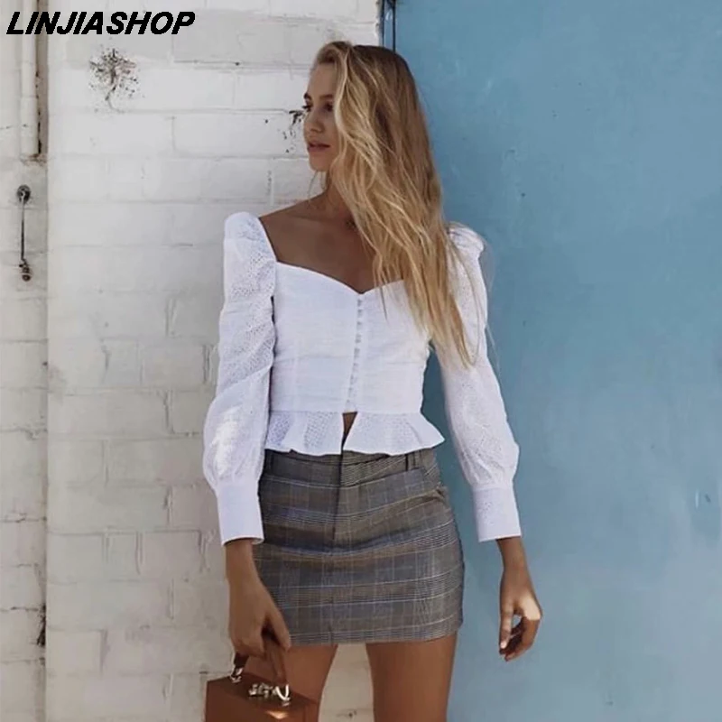 

Vintage 100% embroidery square neck blouse women puff sleeve buttons wind fashion white slim shirts summer tops