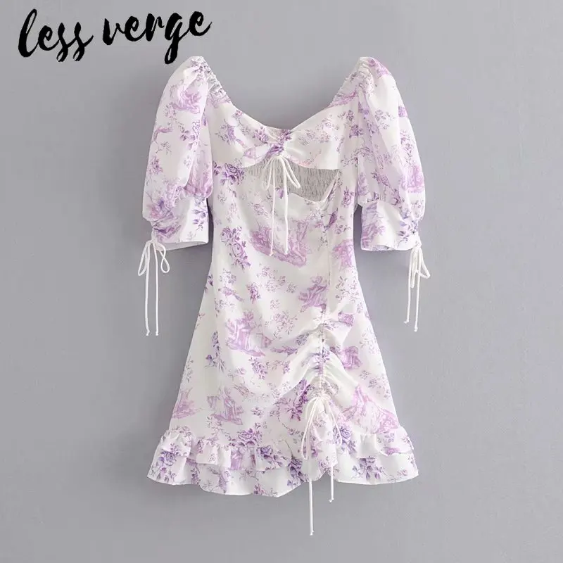 Lessverge женское летнее платье фиолетового цвета с цветочным принтом элегантное Бандажное мини-платье с оборками женское короткое винтажное праздничное платье vestido