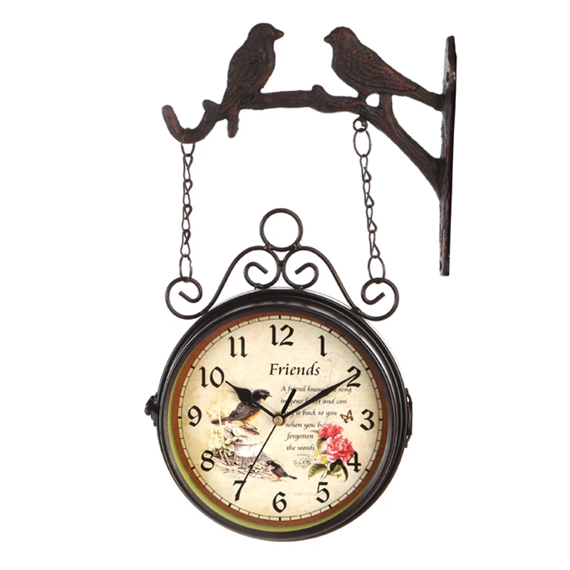 Европейские антикварные золотые птицы на ветке с птичьей клеткой дизайн двухсторонний Круглый Подвесной Настенный декор железные часы