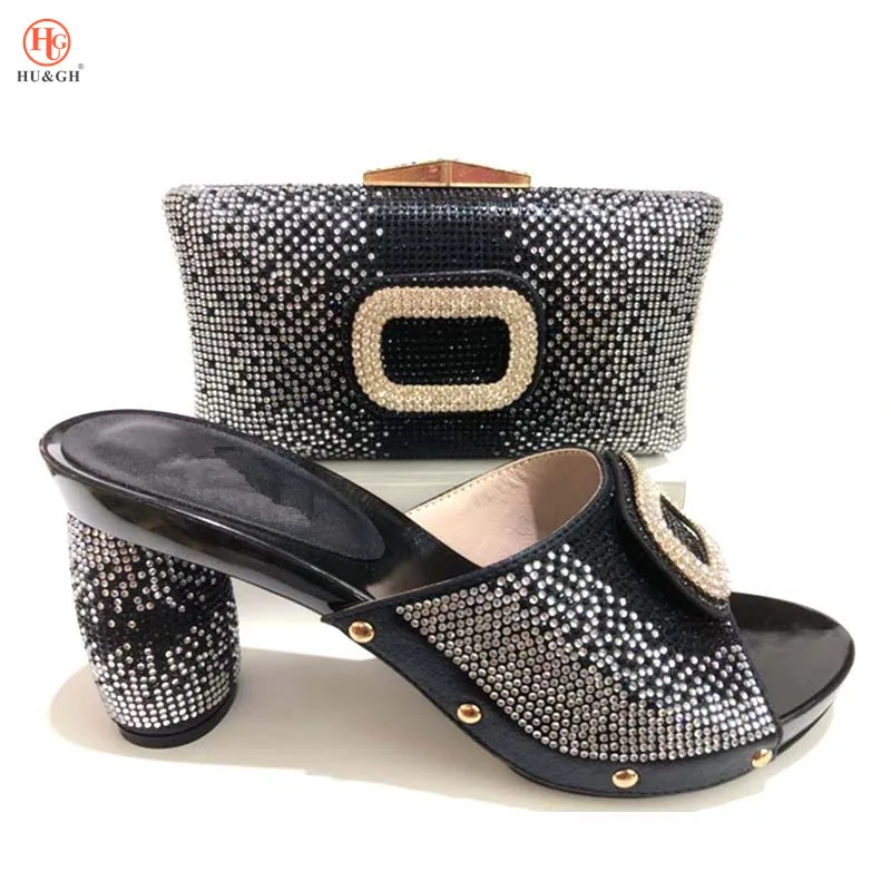 

Latest Ladies Shoes with Matching Bags Set Decorated with Rhinestone Italian Shoes and Bag Set African Black Summer Lady Sandals