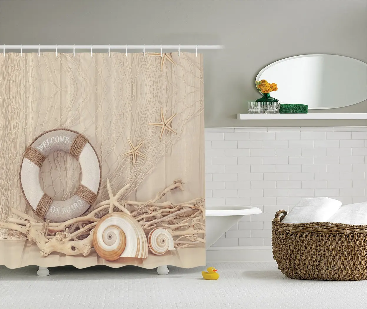 Nautical Shower Curtain on Board Buoy Wooden Sepia