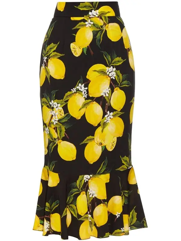 

Customize Made Women Runway Fashion Bodycon Plus Size High Waist Lemon Print Fishtail Mermaid Skirt Mid Skirts