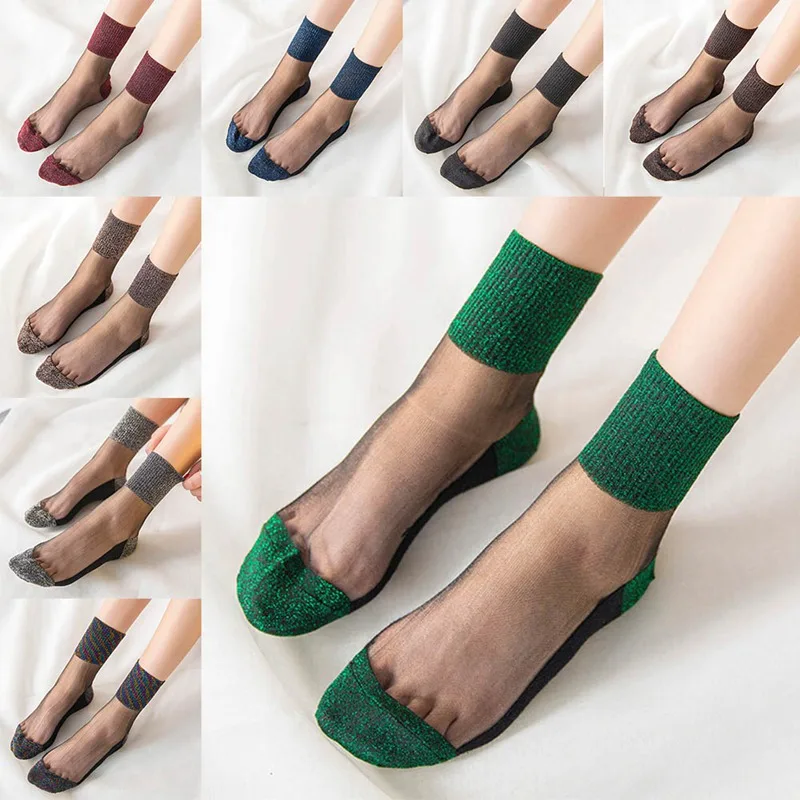 8 цветов, новые летние женские ультратонкие прозрачные носки, блестящие Прозрачные шелковые носки Meias, красивые кружевные блестящие эластичные короткие носки