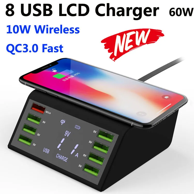 Универсальное Мульти 8 Портовое Lcd USB Qi Беспроводное зарядное устройство для Iphone X 8 Plus 60 Вт быстрая 3,0 Быстрая зарядка для samsung S10 S9 Xiaomi Mi 9