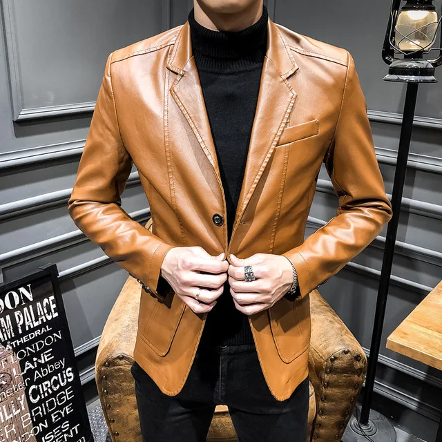 British Style Spring Autumn Mens Slim Fit Pu Leather Jacket Business Casual Blazer Men Faux Leather Blasers Masculino British Style Spring Autumn Mens Slim Fit Pu Leather Jacket Business Casual Blazer Men Faux Leather Blasers Masculino