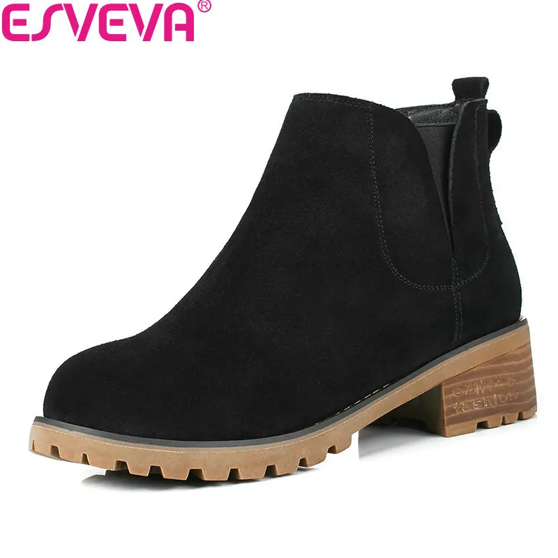 

ESVEVA 2018 Autumn Women Boots Square Med Heel Round Toe Ankle Boots Short Plush /PU Solid Slip on Lady Casual Shoes Size 34-39