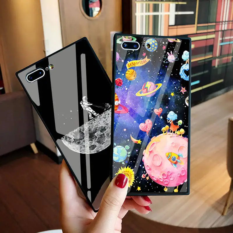 

Luxury Space Moon Astronaut Planet Star Tempered Glass Case for iPhone 8 Case for iphone X 6 6S 7 Plus Fundas Capinhas