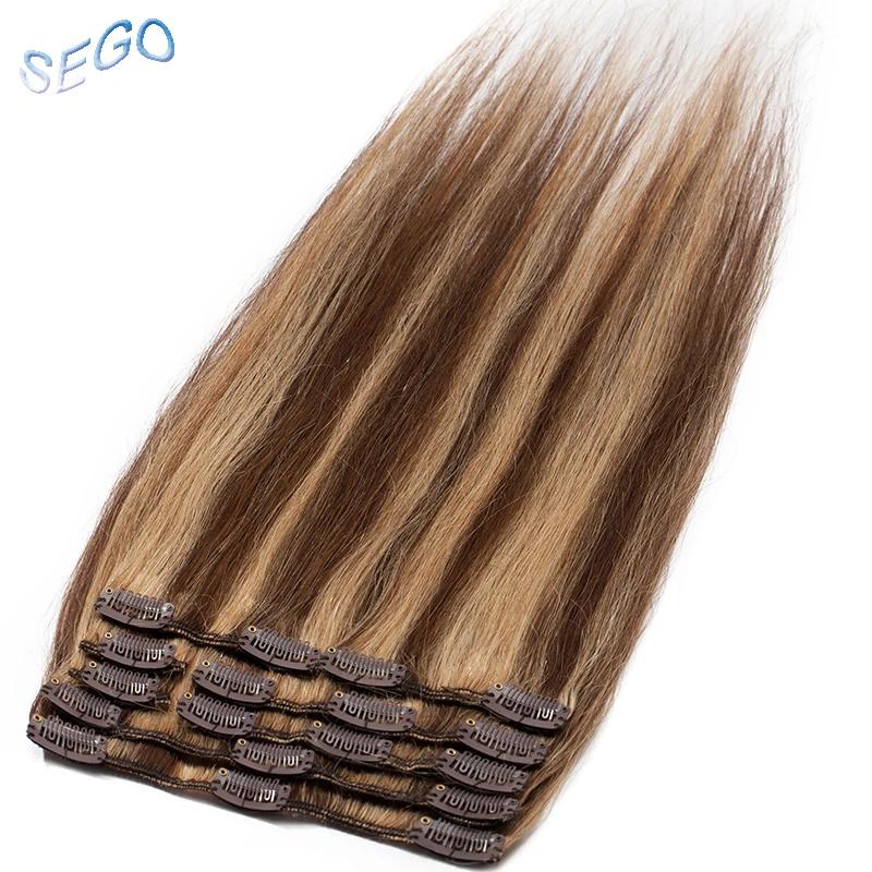 SEGO 16 "-22" 65 г-75 г прямые человеческие волосы на заколках для наращивания полная голова не Реми волосы на клипсах чистый и фортепианный цвет