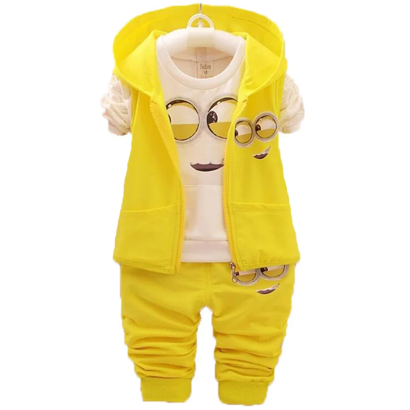 

Baby Boys Girls Cartoon Minion Clothing Set Children Kids Hoody Vest + Long Sleeve T Shirt + Pants Sport Tracksuit Clothes Sets