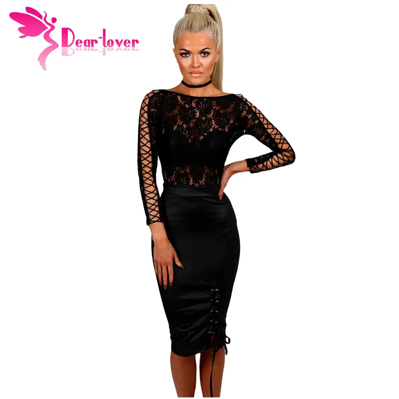 Dear Lover Bodysuit Women Elegant Romper Autumn Black Lace Lattice Long Sleeve Bodycon Playsuit Body Femme Club Jumpsuit LC32092