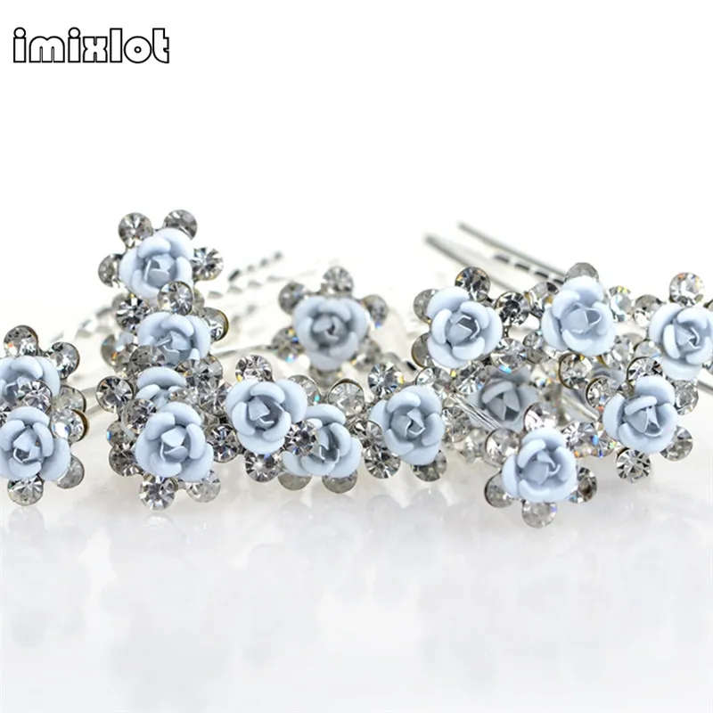 

imixlot 20pcs/lot Bridal Wedding Hair Pins Blue Rose Flower Crystal Hairpin Bridesmaid Women Hair Jewelry Party Cheap Gift hairp