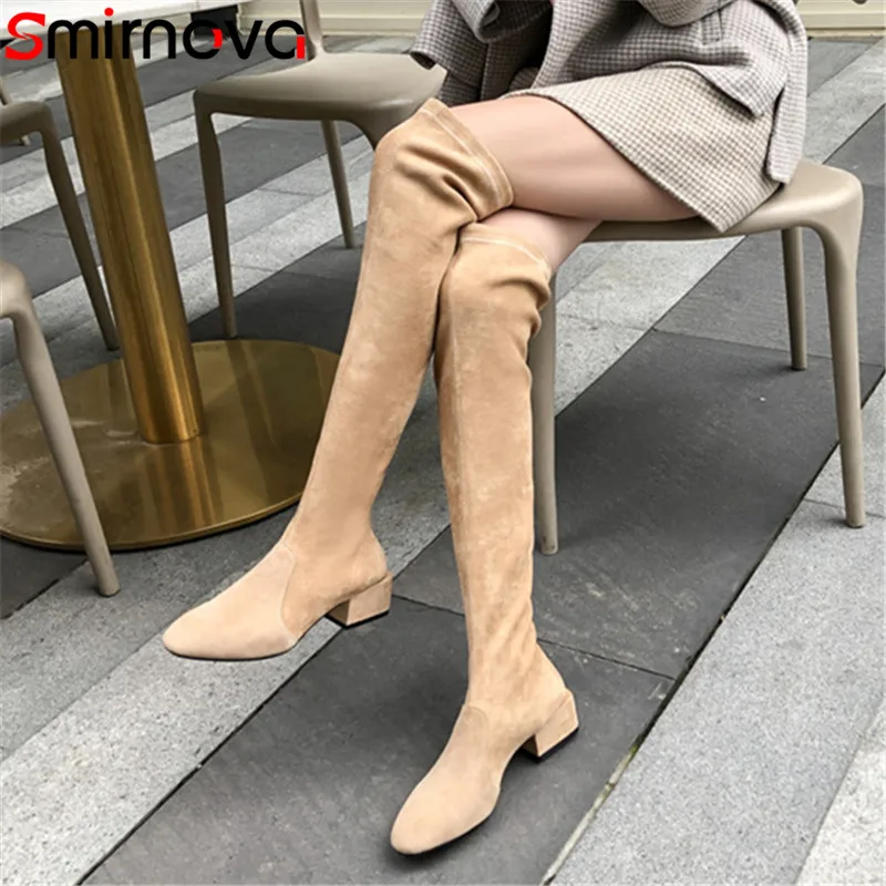 

Smirnova 2020 new thigh high boots square toe suede leather boots square heels ladies shoes sexy stretch boots women big size