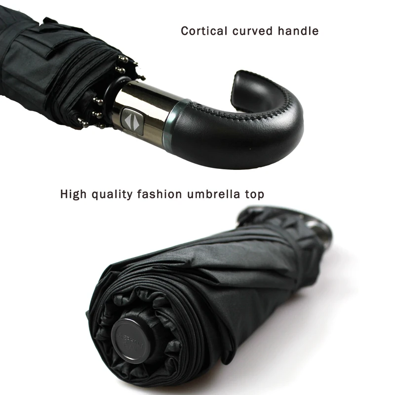 Baratos Paraguas de negocios automático de cuero con mango curvo para hombres, paraguas negro resistente al viento, paraguas grande para lluvia, regalos de la empresa paraguas