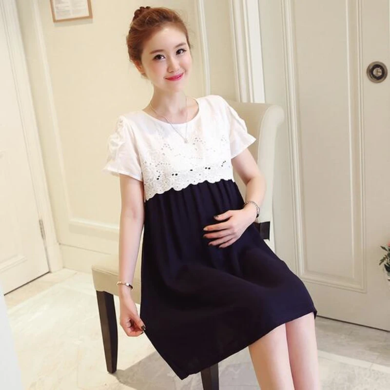 Pregnant Women Lace Splicing Patchwork Dress Summer Pregnancy Clothes for Pregnant Casual Loose Short Sleeve Maternity Dresses (3)