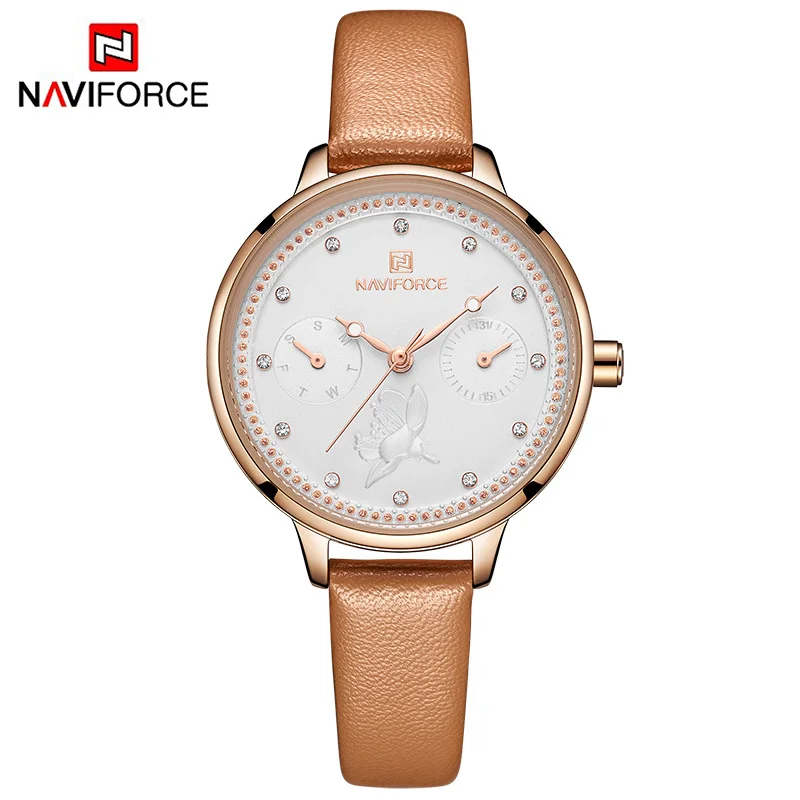 NAVIFORCE часы для женщин модные простые кварцевые часы женские тонкие кожаные повседневные женские наручные часы для девочек Часы Relogio Feminino - Цвет: Brown