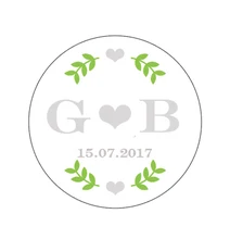 Personalized Round Sticker, Green Leaf with Sliver Text, Wedding Favors Customs Round Sticker,Labels ,Customized Name and Date