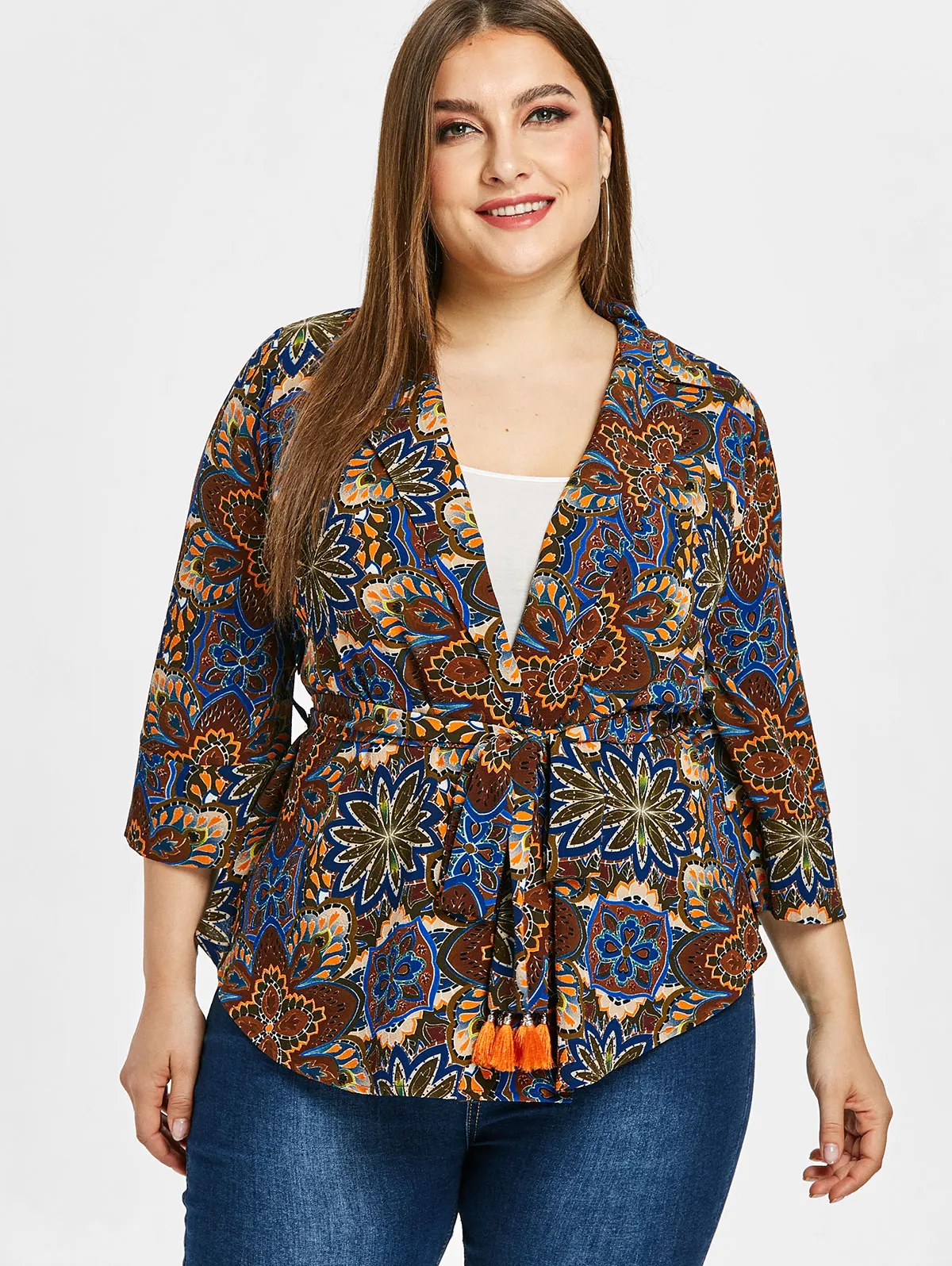 

ZAFUL Lapel Wrap Shirts Knot Bell Sleeve Flower Print Top Blouse Large Size Fall Women Spring V Neck Belted Bohemian Blouses