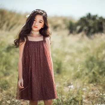 

Girls dress 2020 summer mini dress mesh gauze lace satin princess dress retro children's dressesSuspender dress by the Beach