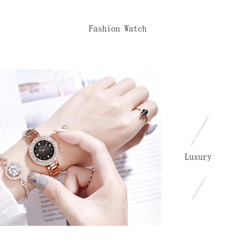 Luxury Diamond Green Watch Women Crystal Watches Bracelet Set Female Jewelry Fashion Rose Gold Starry Quartz Watch For Lady Gift