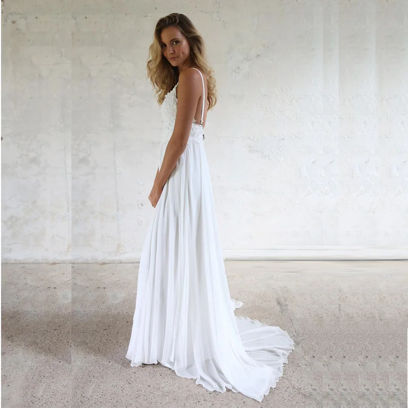 LORIE, пляжные свадебные платья на тонких бретелях,, Robe de soiree, Винтажный кружевной топ, элегантное женское Бохо шифоновое длинное свадебное платье