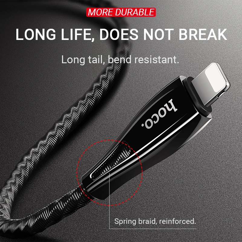 hoco кабель usb на Lightning быстрая зарядка и передача данных лайтнинг провод для айфона с оплеткой из нержавеющей стали пружинная оплетка зарядное устройство для айфон айпад для iPhone 6 6S 7 8 Plus X Xs Max Xr iPad