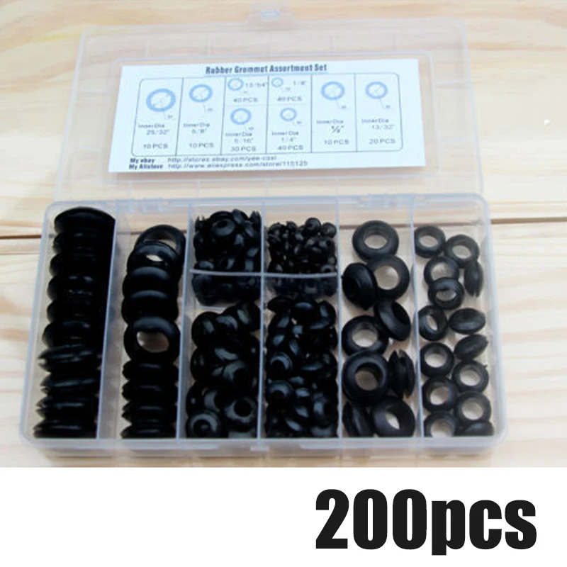

200Pcs/Box Black Rubber Grommet Assortment Set Electrical Wire Gasket Kit