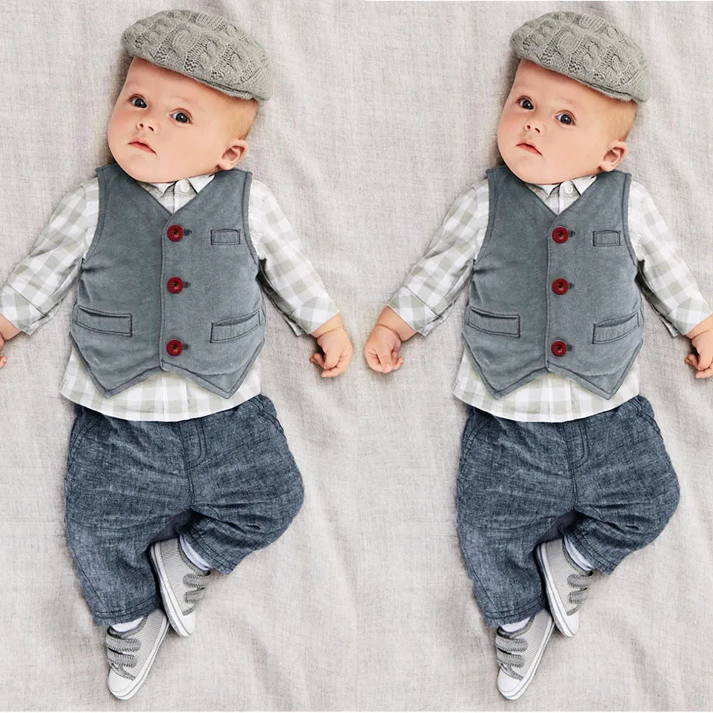 

baby boy clothes vetement enfant garcon Gentry Clothes Set Formal Party Suit 3PCS Lattice Tops+Pants+Vest Set kids clothes boys