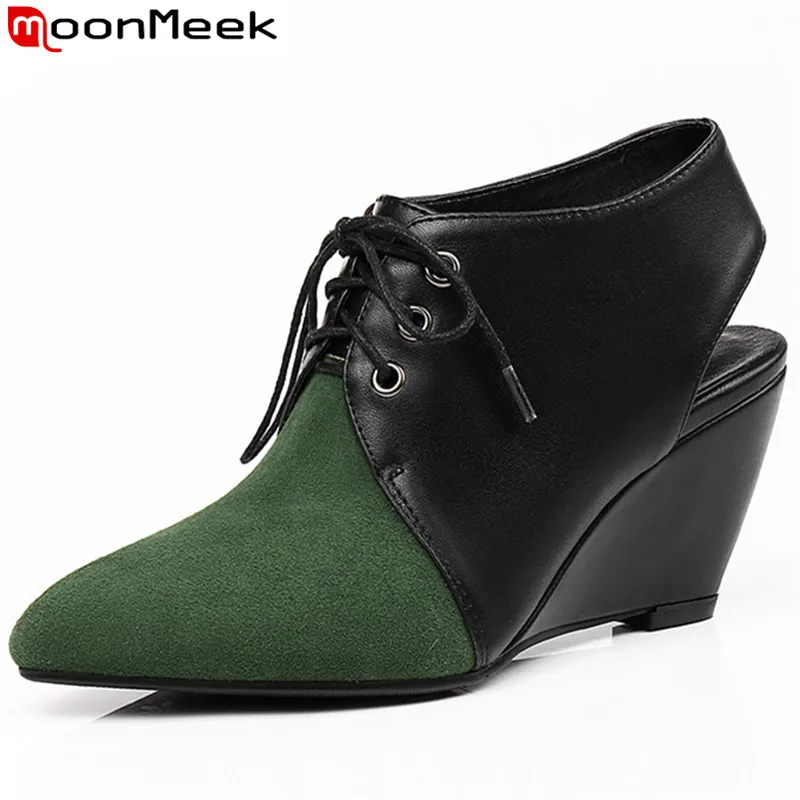 

MoonMeek 2020 fashion spring autumn shoes woman pointed toe lace up pumps women shoes wedges genuine leather shoes size 33-43